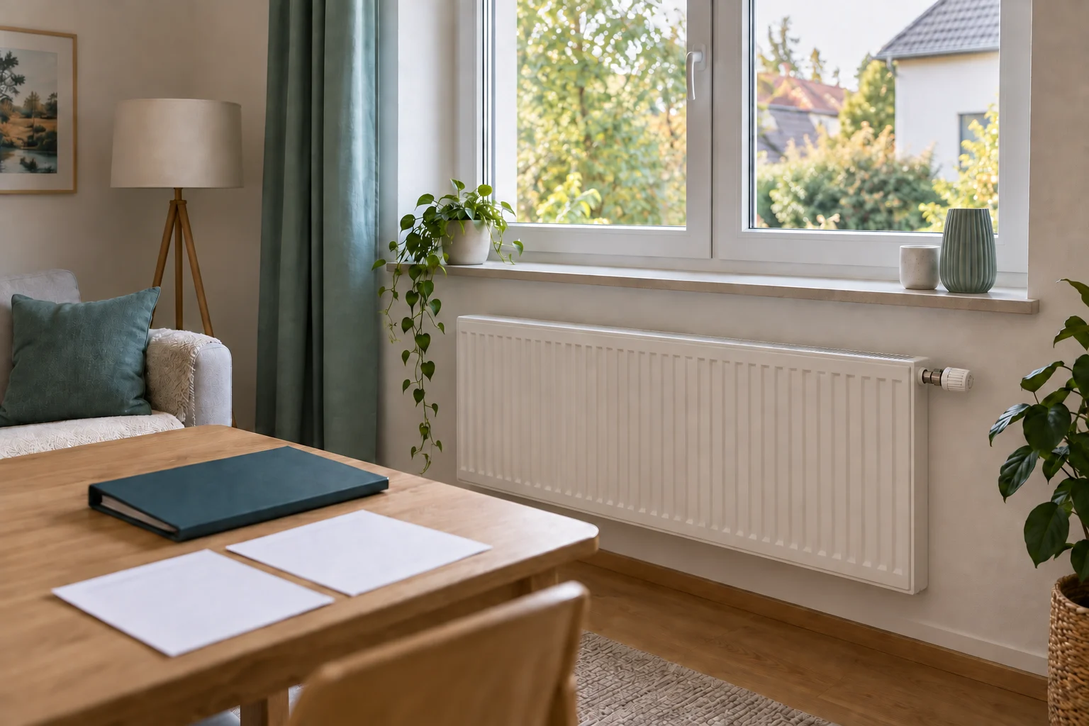 Heller Wohnraumausschnitt mit Fenster, Heizkörper und einer geschlossenen Unterlagenmappe auf einem Holztisch.