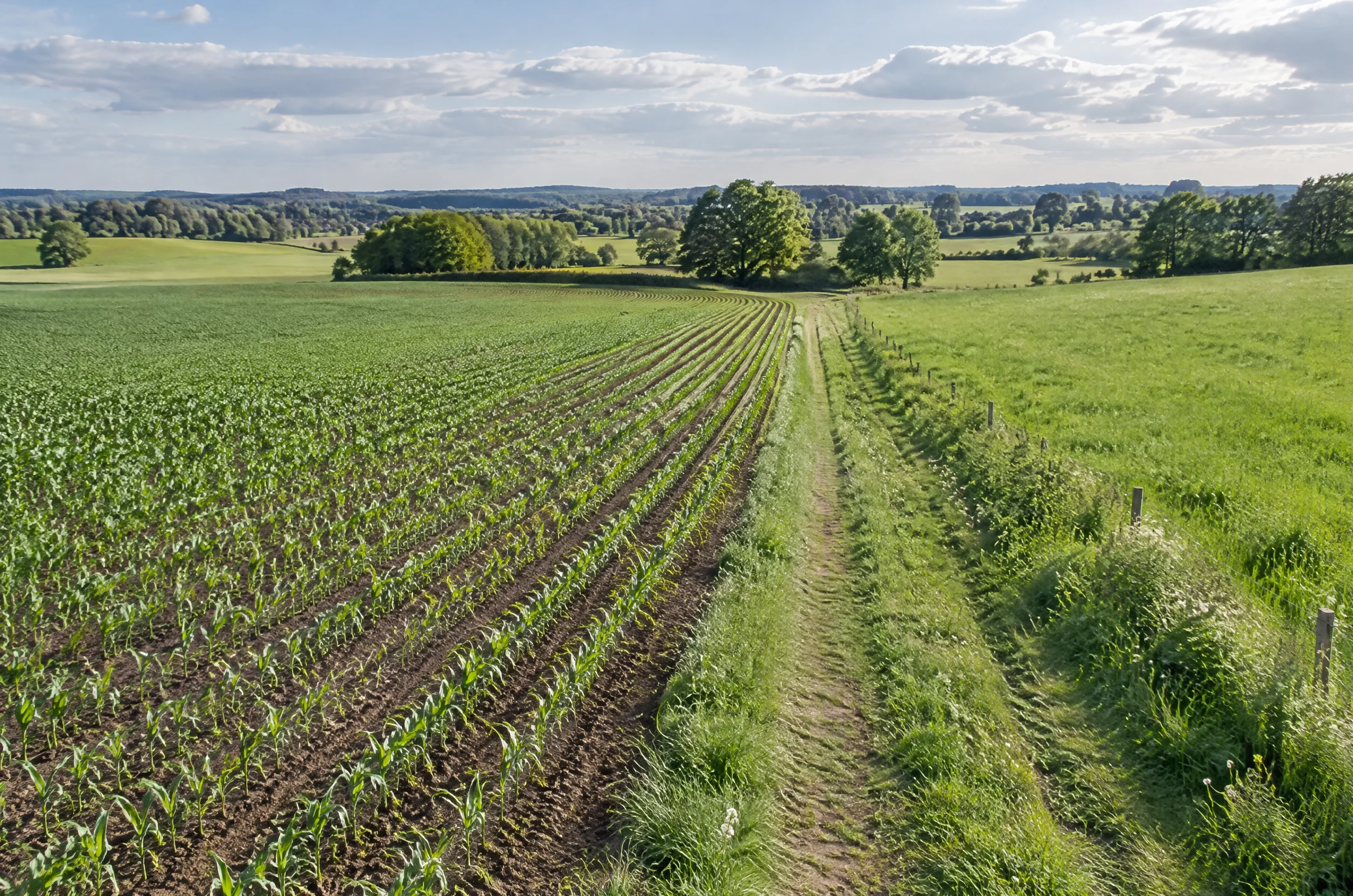 Acker mit grünen Pflanzenreihen neben einer Grünlandwiese und einem Feldweg in einer offenen Kulturlandschaft.